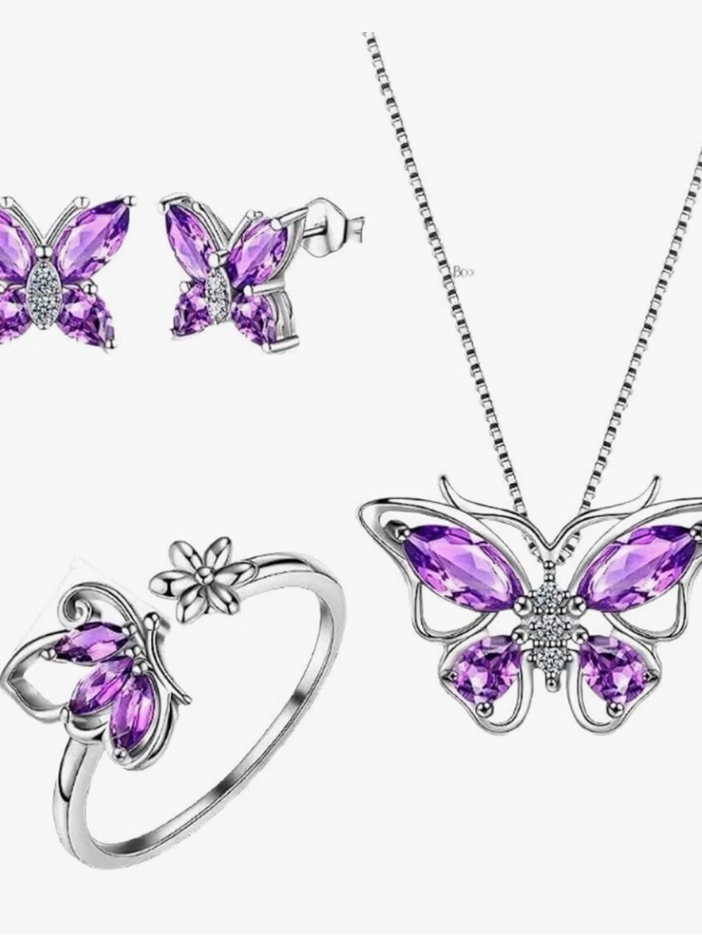 Sterling Silver Butterfly Necklace and Jewelry Set with Purple Crystals